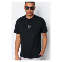 Trendyol Black Regular/Regular Fit Wolf Embroidered 100% Cotton T-Shirt