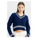 DEFACTO Cool Regular Fit V Neck Hair Knit Stripe Knitwear Sweater