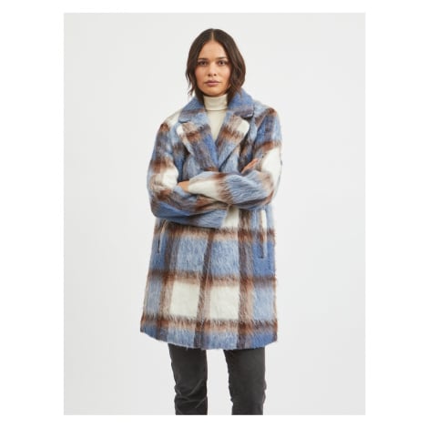 Hnědo-modrý dámský kostkovaný zimní kabát VILA Ofelia - Dámské