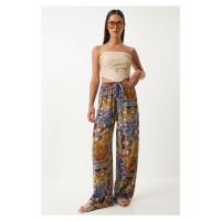 Happiness İstanbul Women's Plum Mustard Patterned Loose Viscose Palazzo Trousers