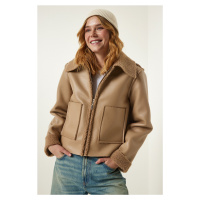 Happiness İstanbul Beige Für Collar Wide Pocket Faux Leather Jacket