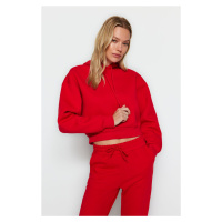 Trendyol Red Thick Fleece Hoodie. Relaxed-Cut Crop Basic Knitted Sweatshirt