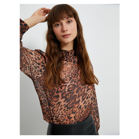 Koton Chiffon Blouse Leopard Patterned Draped Collar Balloon Sleeve