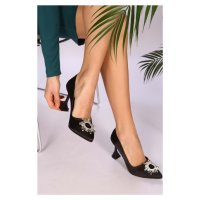 Shoeberry Women's Cindy Black Satin Stitched Heels Stilettos