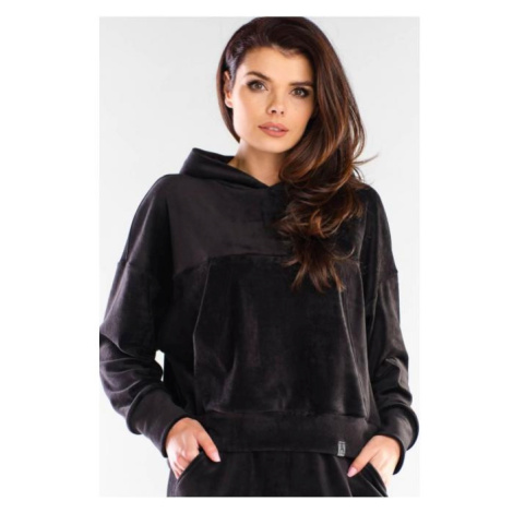 Velurová dámská mikina černé barvy s kapucí