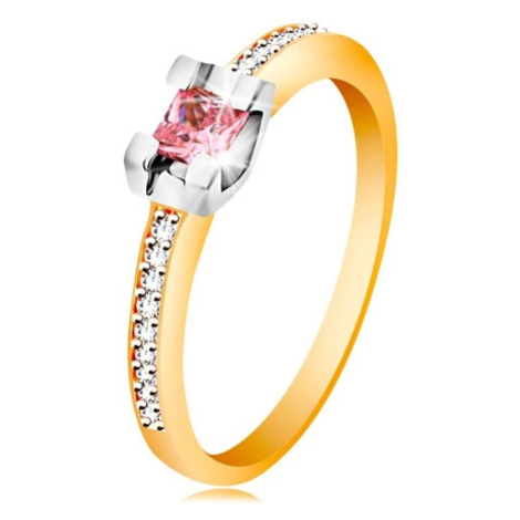 Zlatý 14K prsten - třpytivá ramena, kulatý růžový zirkon v kotlíku z bílého zlata Šperky eshop