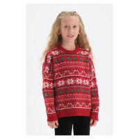 Dagi Red Girl's Christmas Themed Oversize Knitwear Sweater