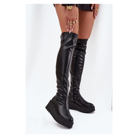 Dámské Kozačky Nad Kolena Na Platformě A S Jemným Klínem Černé Lydira