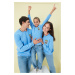 Trendyol Blue Embroidery and Collar Detail Basic Basic Fleece Inside Knitted Family Combine Swea