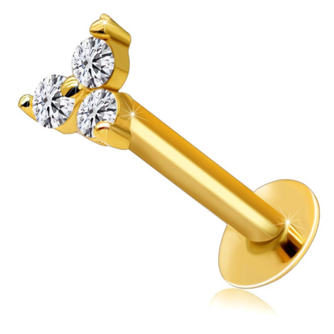 Rovný 9K zlatý piercing do brady a rtu - trojlístek z čirých zirkonů Šperky eshop