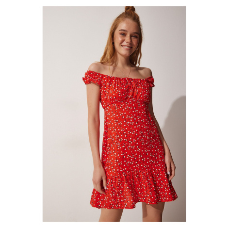 Štěstí İstanbul Dámské červené květinové letní nabírané viskózové šaty Happiness
