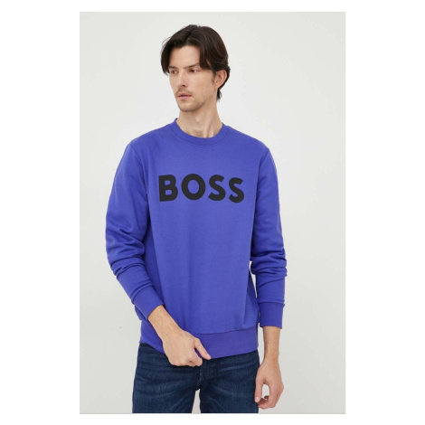 Bavlněná mikina BOSS pánská, fialová barva, s potiskem Hugo Boss