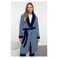 Trendyol Navy Blue Belted Striped Polar Fleece Knitted Dressing Gown