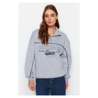 Trendyol Gray Zipper Printed Oversized Thick Fleece Inside Knitted Sweatshirt