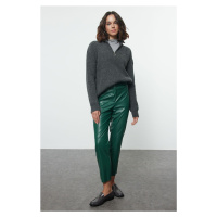 Trendyol Green Faux Leather Cigarette Zippered Woven Trousers