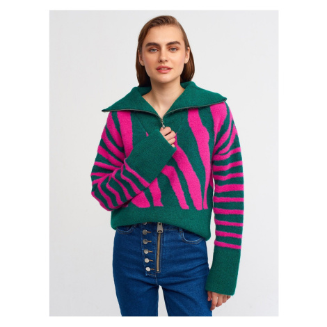 Dilvin 10282 Truck Neck Zippered Sweater-emerald-f.