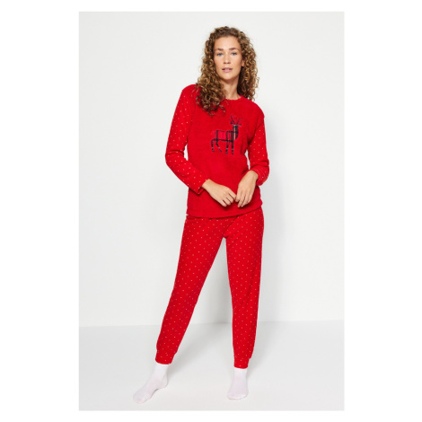 Trendyol Red Wellsoft Deer Pattern Tshirt-Jogger Knitted Pajamas Set