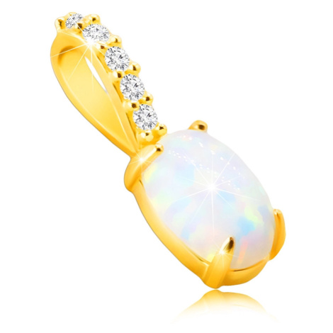 Diamantový přívěsek ze žlutého 14K zlata - oválný syntetický opál, duhové odlesky, brilianty Šperky eshop