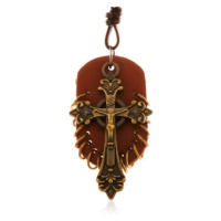 Kožený náhrdelník, přívěsky - hnědý ovál s malými kroužky a keltský kříž