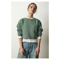 Happiness İstanbul Women's Almond Green Crew Neck Raised Crop Knitted Sweatshirt
