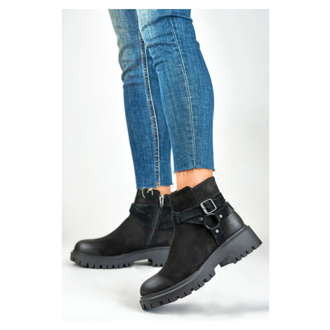 Dámské černé zimní semišové kotníkové boty s černým zdobením