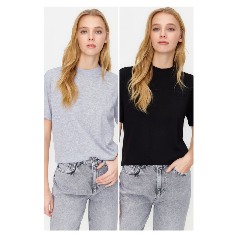Trendyol Black-Grey Melange 2-Pack 100% Cotton Basic Stand-Up Collar Knitted T-Shirt