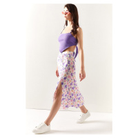 Olalook dámská lila práškově zbarvená sukně se vzorem a rozparkem ve střední délce