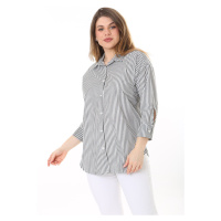 Şans Women's Plus Size Bone Front Buttoned Cuff Striped Shirt