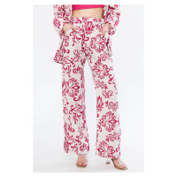 armonika Women's Fuchsia Ena Trousers with Elastic Waist and Pocket Detail Linen Look Wide Leg