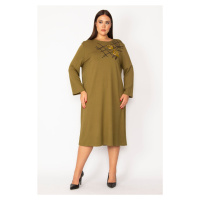 Şans Women's Plus Size Khaki Embroidery And Sequin Detailed Long Sleeve Dress