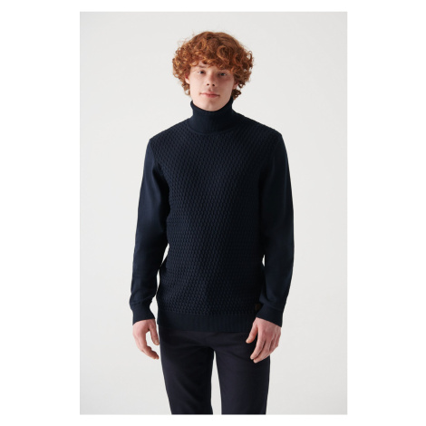 Avva Men's Navy Blue Full Turtleneck Front Textured Cotton Regular Fit Knitwear Sweater