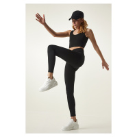 Happiness İstanbul Black Waist Detailed Knitted Sports Leggings