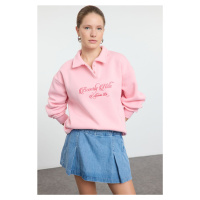 Trendyol Light Pink Shirt Collar Embroidered Regular Fit Thick Polar Fleece Knitted Sweatshirt