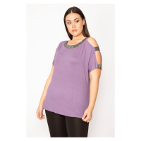 Şans Women's Plus Size Purple One-Shoulder And Collar Silvery Detailed Blouse