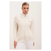 Bigdart 15862 Pocket Detailed Zippered Knitwear Cardigan - Ecru