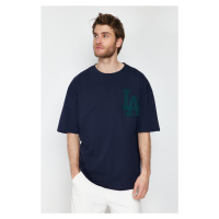 Trendyol Navy Blue Oversize Sequined City Embroidered 100% Cotton T-Shirt