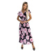 LISA - Plisované dámské midi šaty s výstřihem, volánky a se vzorem velkých růží na černém pozadí