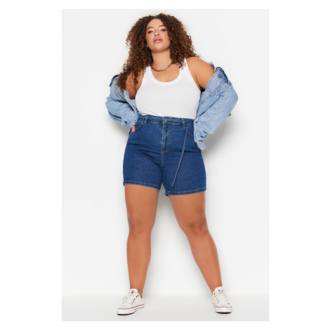 Trendyol Curve Dark Blue High Waist Straight Denim Shorts With Belt&Bermuda