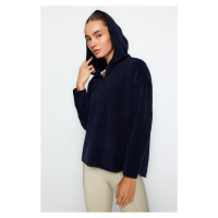 Trendyol Navy Blue Thick Fleece Hooded and Zippered Oversized/Wide Knitted Sweatshirt