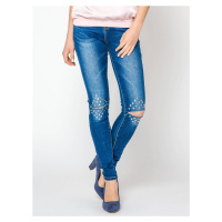Jeans decorated with cuts and rhinestones on the knees navy blue