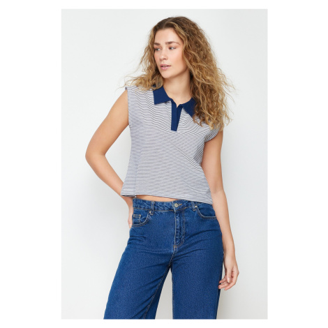 Trendyol Navy Blue Striped Polo Neck Regular/Regular Fit Knitted T-Shirt