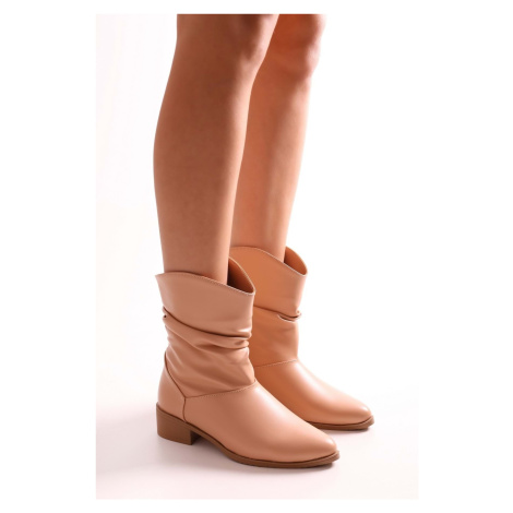 Shoeberry Women's Archie Nude Leather Gadgets Flat Heel Boots, Nude Skin.