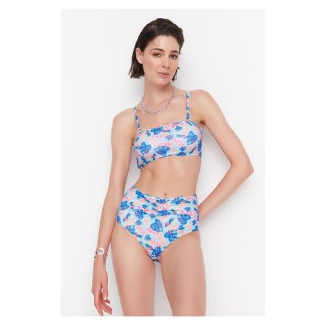 Trendyol High Waist Bikini Bottoms With Floral Pattern Shirring