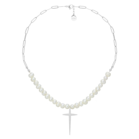 Manoki Perlový náhrdelník Deborah - kříž, sladkovodní perla WA517 Stříbrná 45 cm + 5 cm (prodlou