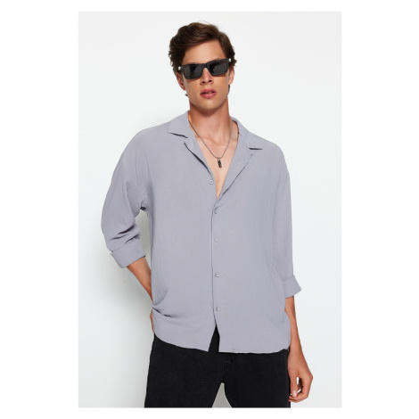 Trendyol Gray Oversize Fit Wide Collar Summer Linen Look Shirt