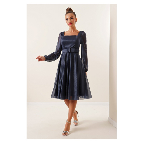 By Saygı Square Neck Belted Balloon Sleeve Lined Silvery Dress