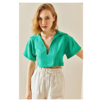 XHAN Green Textured Crop Top With Accessory Detail
