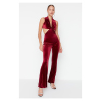 Trendyol Claret Red Velvet Knot Detailed Jumpsuit