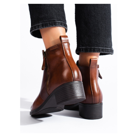 Originální dámské kotníčkové boty hnědé na širokém podpatku VINCEZA