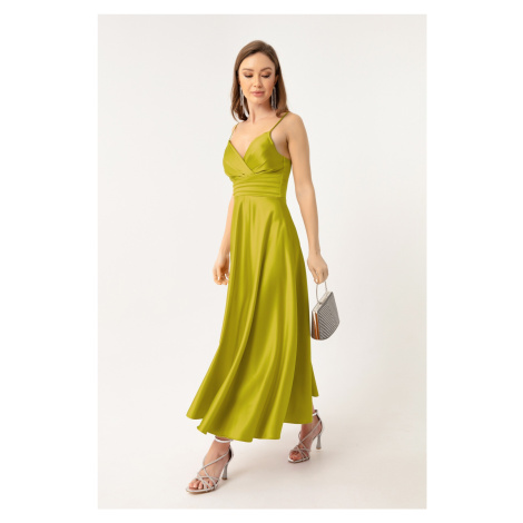 Lafaba Women's Pistachio Green Satin Midi Evening Dress &; Prom Dress with Rope Straps and Waist